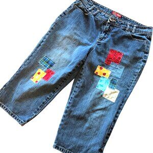 Upcycled Patchwork Capris Jeans: Handmade Summer Picnic Theme Patches, Size 14